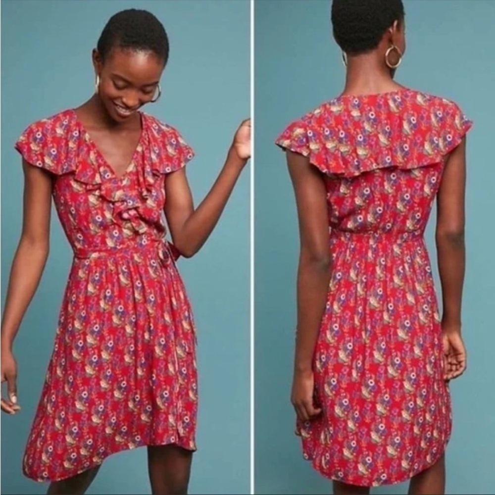 ANTHROPOLOGIE Maeve Rosalia Ruffle Faux Wrap Red Floral Dress Size 8